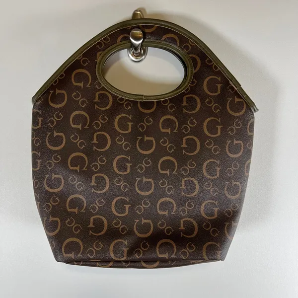 Guess Monogram Cutout Handle‎ Tote Bag Brown Olive Green Logo Print Lunch Bag - Image 6