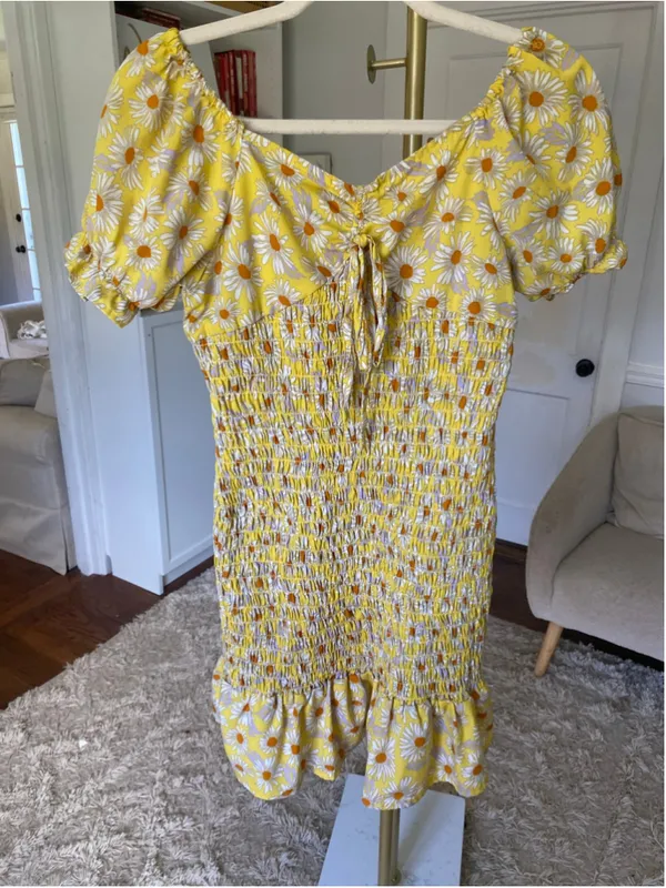 Girl Soul Yellow Daisy Floral Smocked Mini Dress Cottagecore Coquette Puff Sleev - Image 2