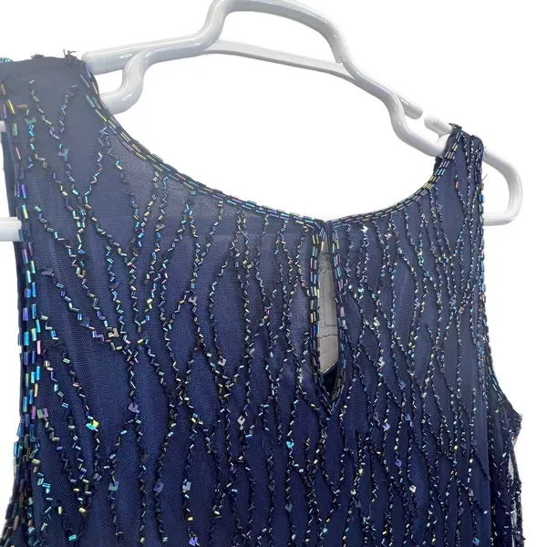 J Kara Beaded Sleeveless Popover Sheath Dress Iridescent Sequin Navy‎ Size 14 - Image 7