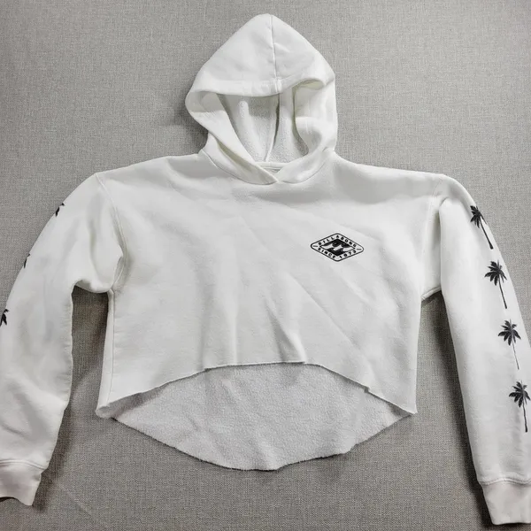 Billabong Windy Palms Womens Sweatshirt Size M White DIY Raw Cut Hem Crop Hoodie - Image 7