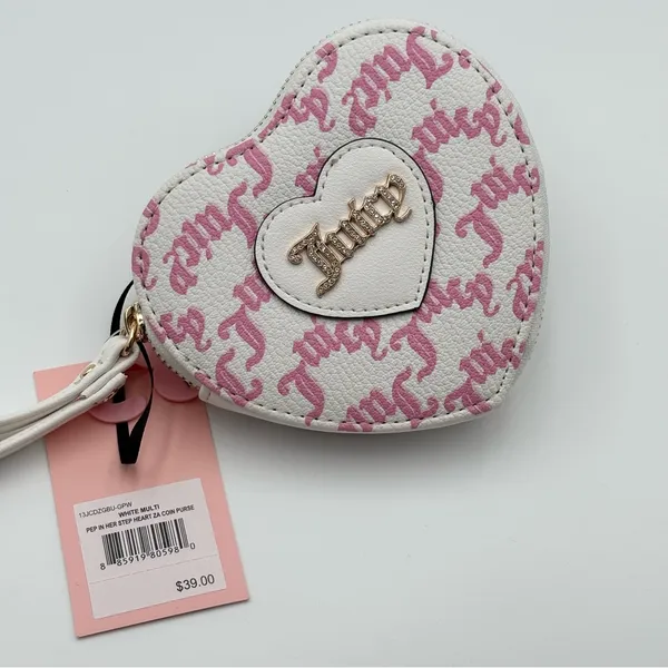 Juicy Couture V-I Heart Juicy Heart Zip Around Wristlet Snow‎ White Chiffon Pink - Image 3