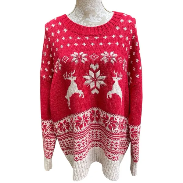Fat Face UK Wool Blend Fair Isle Red Cream Reindeer Ski Resort Sweater Size 18 - Image 7