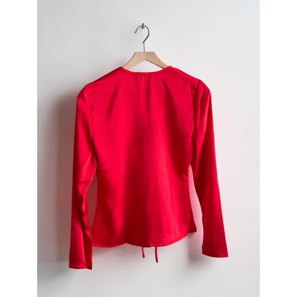Sirena Red Satin Tie Front Long Sleeve Blouse V-Neck Top Size S NWT - Image 2