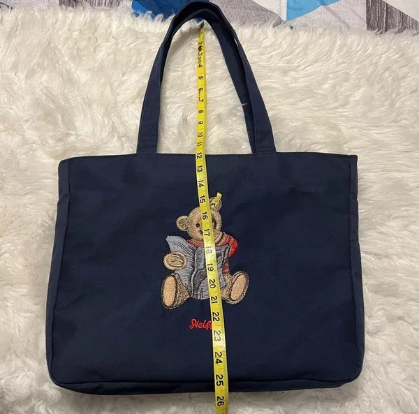 Vintage Steiff Canvas Tote Bag Embroidered Steiff Teddy Bear Zipper Closure Blue - Image 9