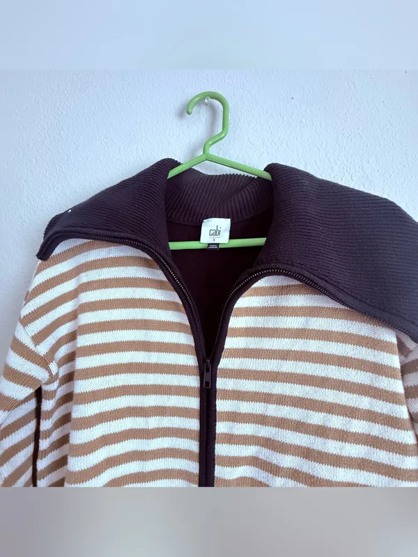 Cabi Mascot Cardigan 6448 Tan White Striped Black Full Zip Sweater - Image 3