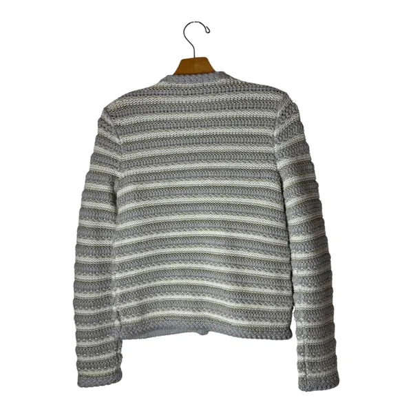Ann Taylor Sweater Women Small‎ Petite Gray Ivory Striped Metallic Knit Cardigan - Image 3
