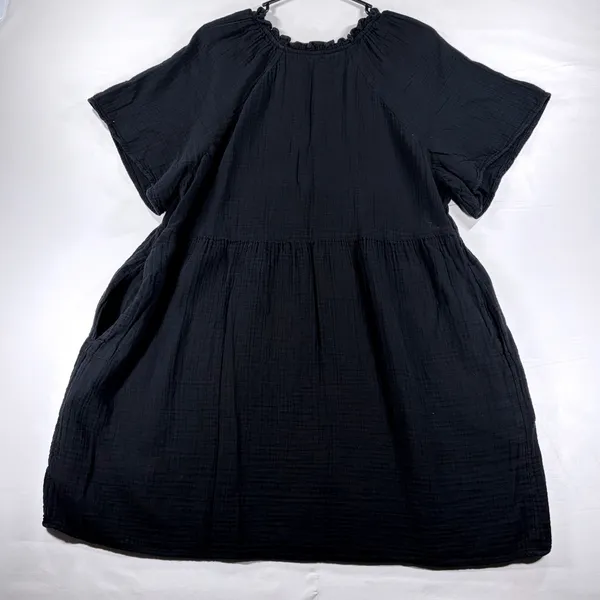 Old Navy Womens XL Black Cotton Gauze Ruffle Neck Babydoll Mini Dress Pockets - Image 5