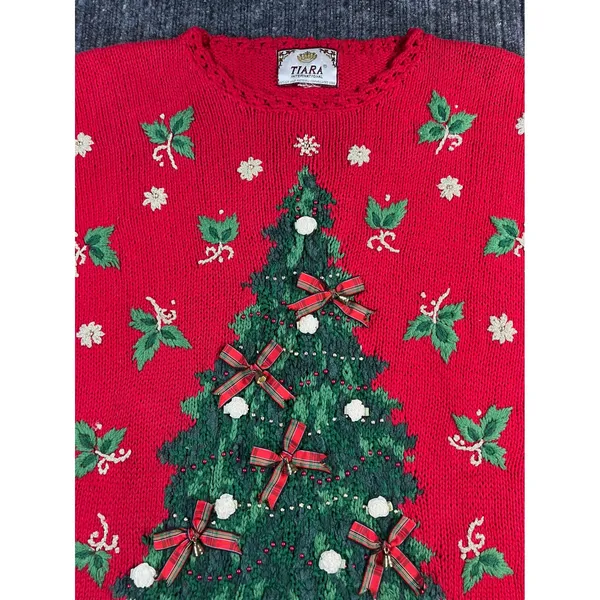 Vintage 90s Christmas Sweater TIARA Women L Red Tree Embroidered‎ Embellished - Image 8