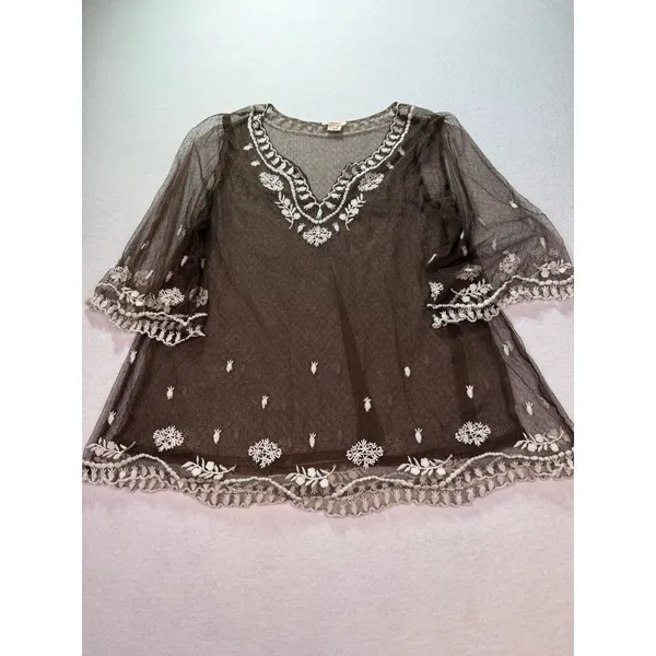Sundance Brown Mesh Embroidered Tunic Top V-Neck 3/4 Sleeve Boho Floral Large - Image 11