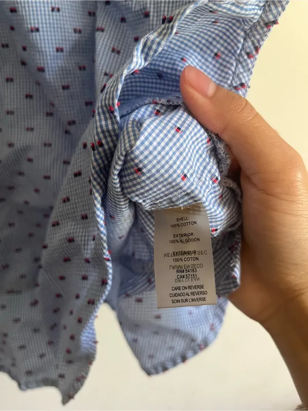 Tommy Hilfiger Blue 100% Cotton Gingham Plaid Embroidered Top Large Coastal - Image 4