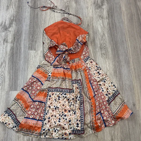 Lulus Forever Mesmerizing Orange Scarf Print Halter Mini Dress Open Back XS NEW‎ - Image 4