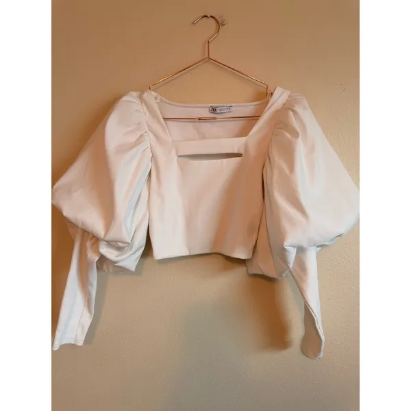 Zara Cropped Top Women S White Puff Sleeve Cutout‎ Ribbed Knit Statement Blouse - Image 4