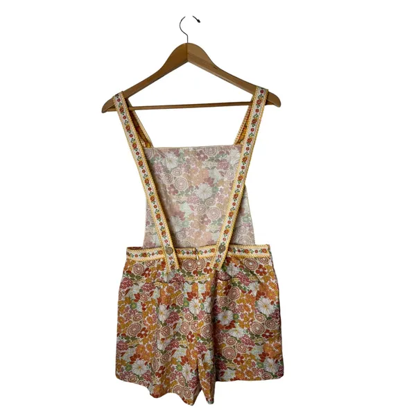 So Me Floral Romper Women Medium Orange Yellow Retro 70s Cotton Boho Cottagecore - Image 3