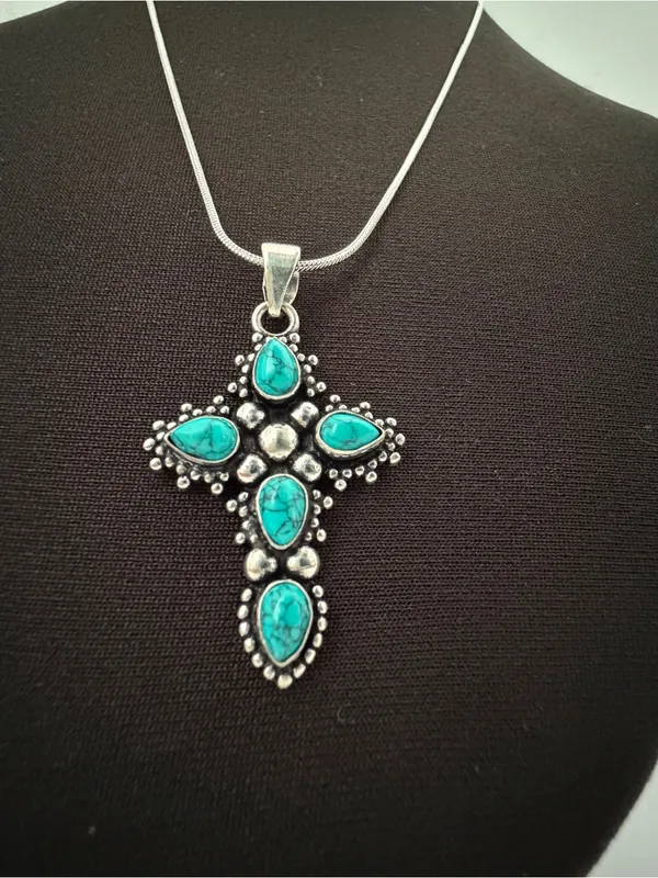 925 Sterling Silver Turquoise Cross Necklace Womens Jewelry Boho Western - Image 3