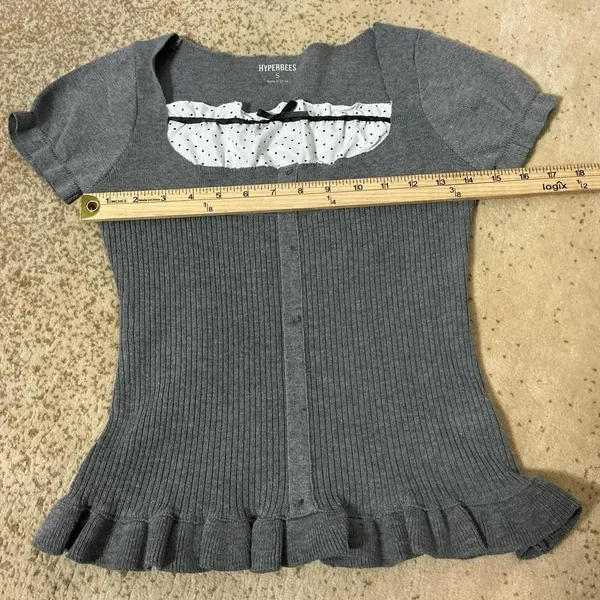 Hyperbees Ribbed Peplum Dark Academia Top Polka‎ Dot Ruffle Bow Square Neck S - Image 2