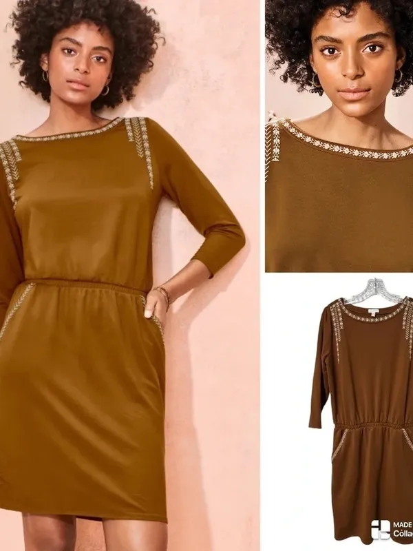 Garnet Hill Knit Dress Womens Small Brown Embroidered Elastic Waist - Image 4