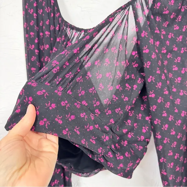 Free People Black Purple Floral Twist Front Blouse Womens M Boho Sheer Sleeve - Image 12