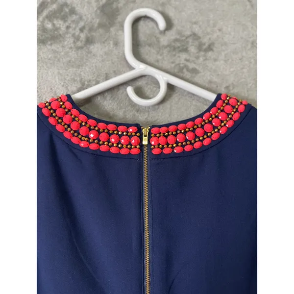 Lilly Pulitzer Bennett Dress Navy Blue‎ Pink Beaded Trim Shift Classic Preppy 2 - Image 4