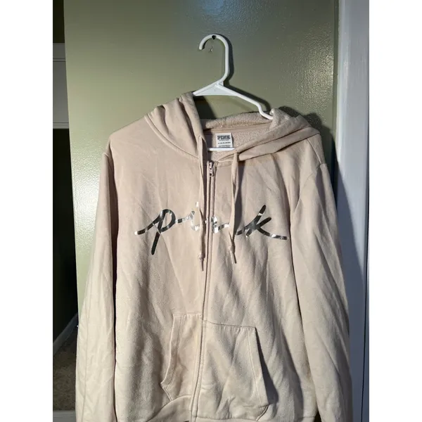 Victoria's Secret PINK Women's Sz XL Classic Full Zip Hoodie Vanilla Bean Silver - Image 5