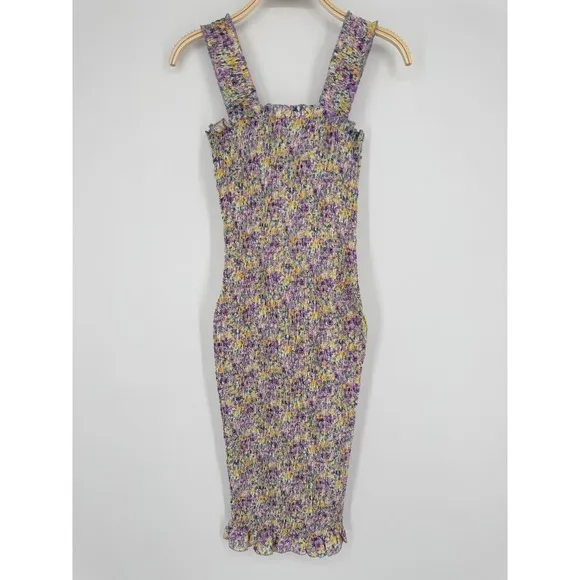 SNDYS Everyday Tina Midi Dress Size 2 Purple Yellow Floral Print Smocked Bodycon - Image 2