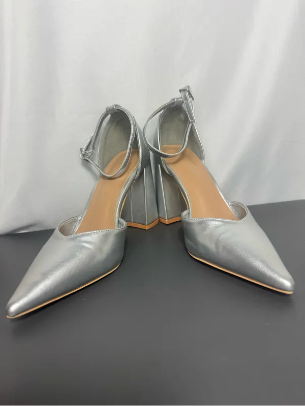 Silver Pointed-Toe wedding party elegant Block Heel Ankle Strap Pump Size 39 - Image 8