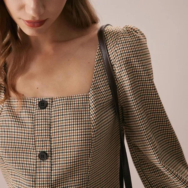 RIHOAS The Khaki Square Neck Plaid Button Mini Dress M 68 - Image 3