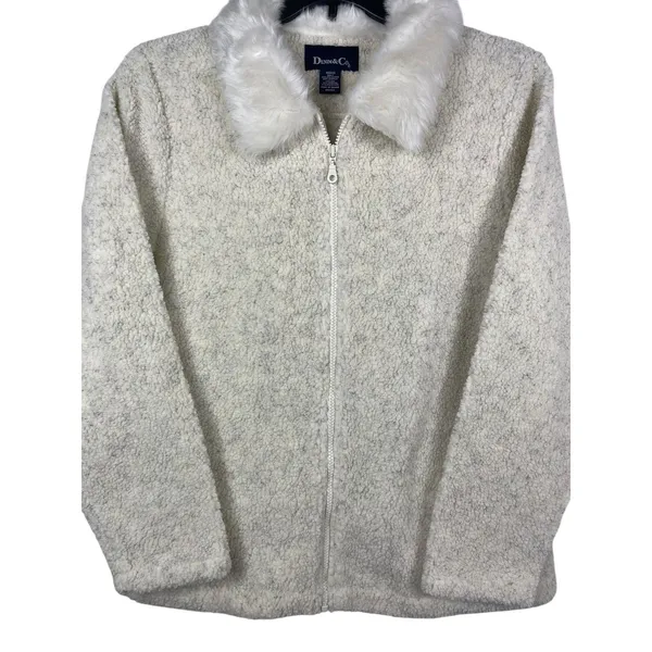 VTG 90s Y2K Denim & Co Faux Fur Collar Sherpa Fleece Zip Jacket M Ivory Coat - Image 4