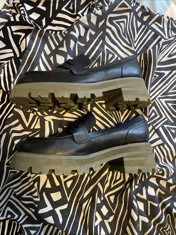 Marc Fisher Black Leather Penny Loafers with Chunky Gray Sole - Image 7