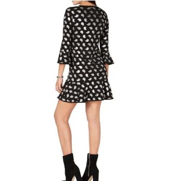 MICHAEL KORS Black/Silver Foil Paisley Flounce Shift Dress Bell Sleeves Size S - Image 3