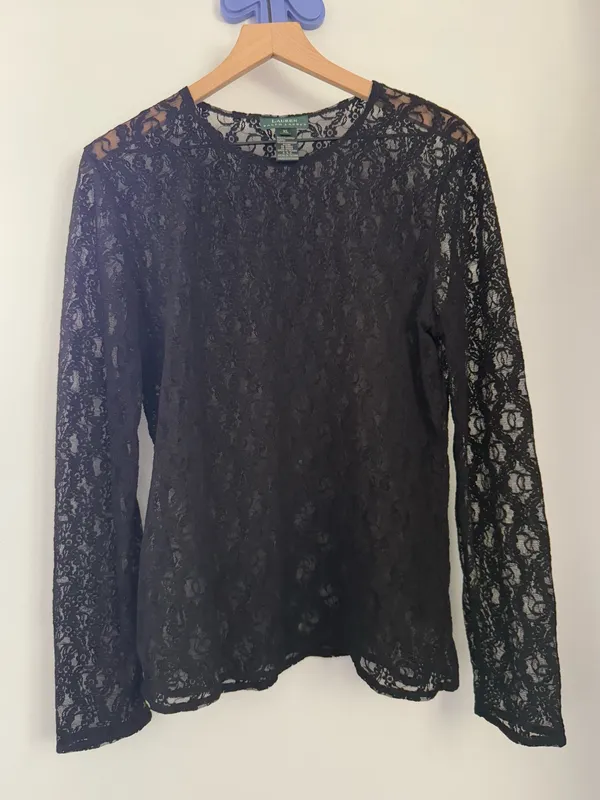 Ralph Lauren XL Crew Long Sleeve Black Top Lace Whimsigoth Gothic Floral Sheer - Image 3