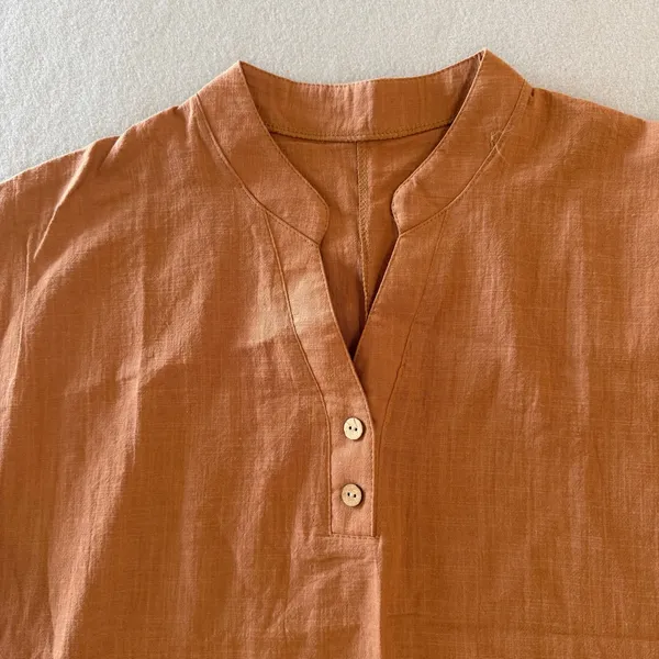 Women's Brown Short Sleeve Cotton Linen Feel Tunic Style Top Size Large #260703 - Image 2