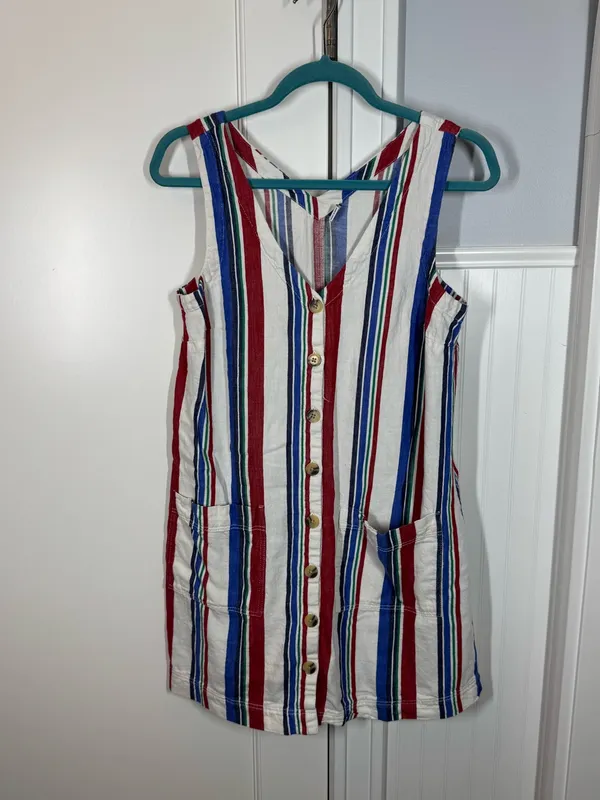Old Navy railroad Striped Button Front Cotton Shift Dress Sleeveless Pockets - Image 3