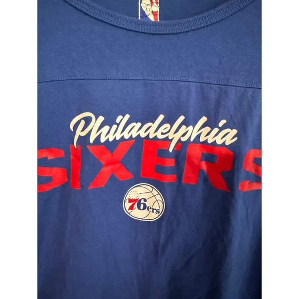 NBA Philadelphia 76ers Women's Blue Graphic‎ T-Shirt Small Stripe Sleeve Tee - Image 2