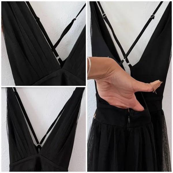 Black Tulle Maxi Dress Plunge Halter Open Back Slit Prom Evening Luxxel S NWT - Image 5