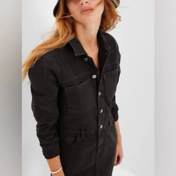 GAP Denim Mini Dress Long Sleeve Pocket in Black Wash‎ Button Front Size 4 - Image 3
