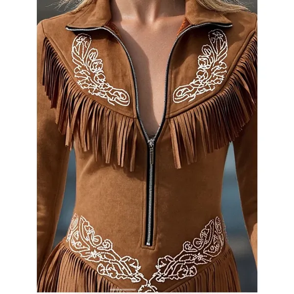 Oyrosy Vintage Western Style Embroidered Tassel LS Suede Mini Dress Brown L NWT - Image 3