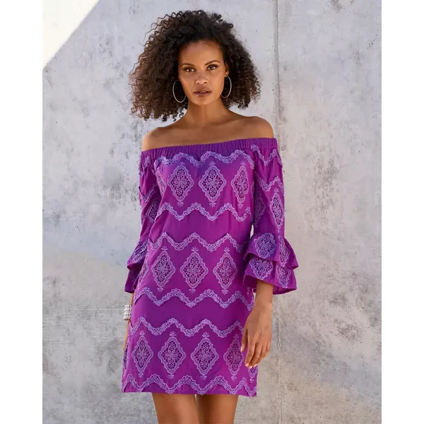 Boston Proper Metallic Lace Detail Off The Shoulder Shift Dress Women’s M Purple - Image 2
