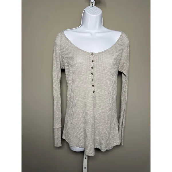 Neutral‎ Ribbed Henley Long Sleeve Top Soft Minimal Boho M Coastal - Image 2