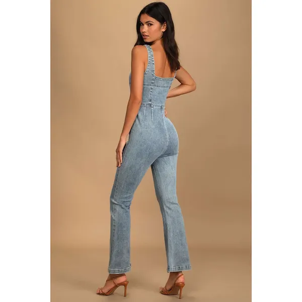 NWOT Lulus Keep Groovin' Light Wash Denim Zip-Front Jumpsuit Blue Party Size S - Image 3