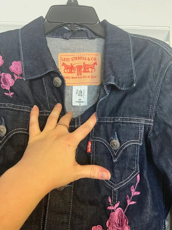 CH 8 Dark Denim Pink Embroidery Jean Jacket - Image 4