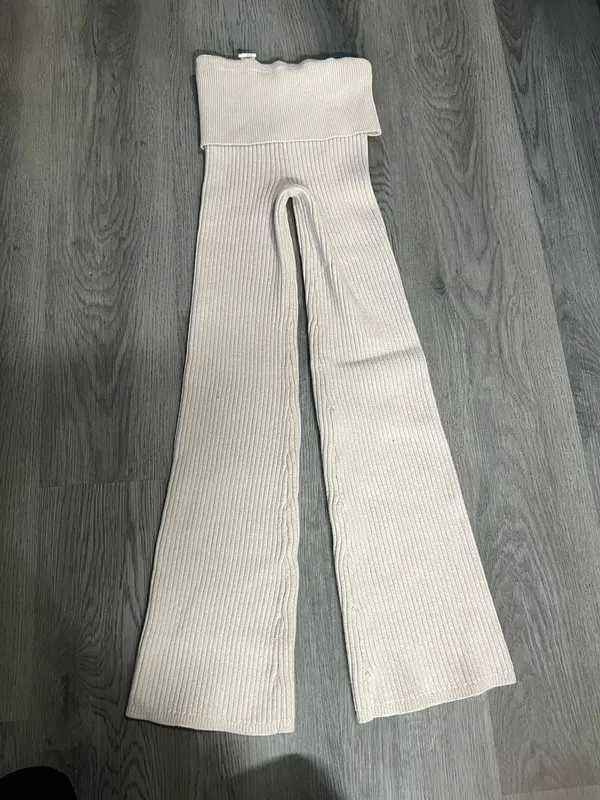 Aerie Cream Ribbed Flare Pants XS - Image 2