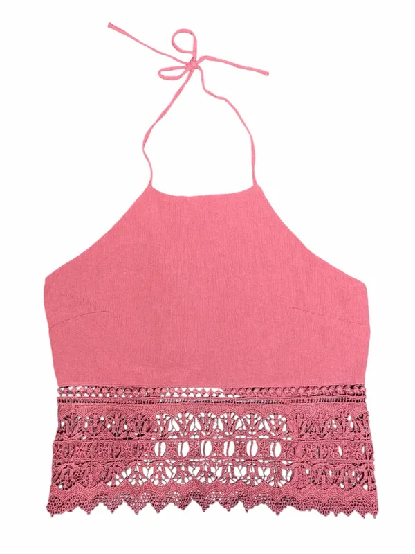 American Eagle XS Dusty Rose Crochet Lace Halter Crop Top Boho - Image 2