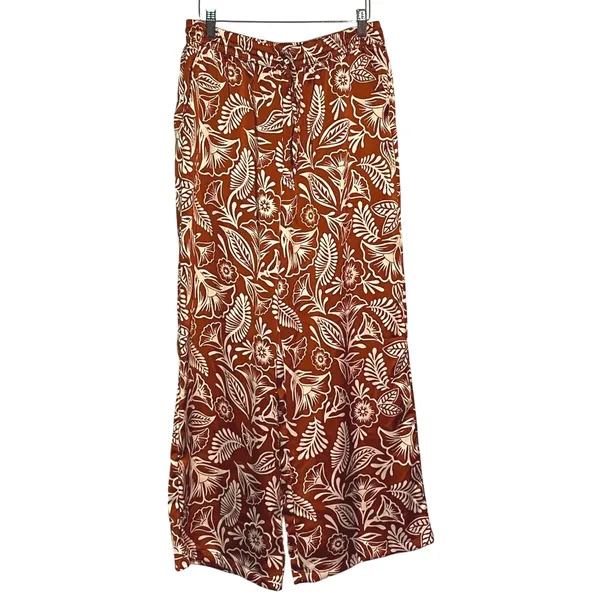 Latino Heritage Month Women's Brown White Floral‎ Print Wide Leg Pants Medium - Image 2