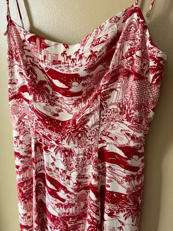 Reformation Sarah Red & Cream Los Angeles LA Printed Spaghetti-Strap Mini Dress - Image 4