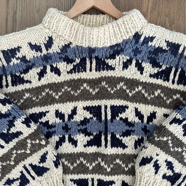 Anthropologie Vintage Heavy Knit 100% Wool Fair Isle Crewneck Sweater Cream, Blue, Brown M - Image 3