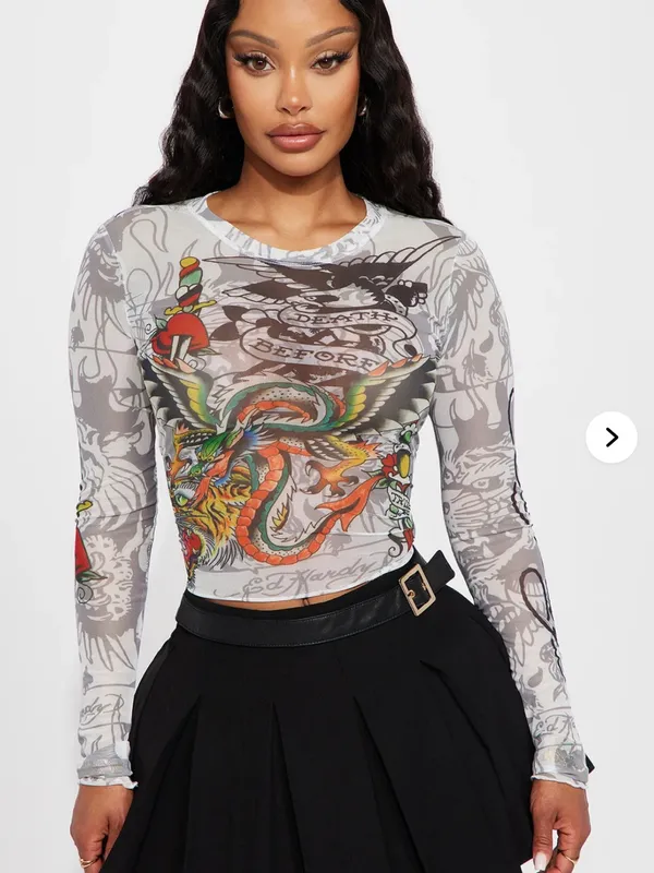 Ed Hardy Dragon Dagger white mesh long sleeve crop top Large Y2K - Image 2
