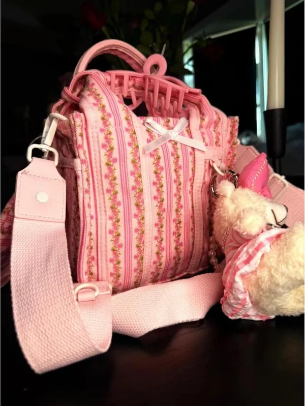 Madden Girl Floral Stripe Mini Tote Teddy Bear Charm Pink Coquette NWT - Image 8