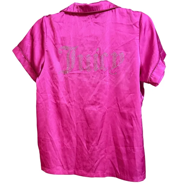 Juicy‎ Couture Magenta Pink Satin Rhinestone Pajama Top Short Sleeve Sz S - Image 2