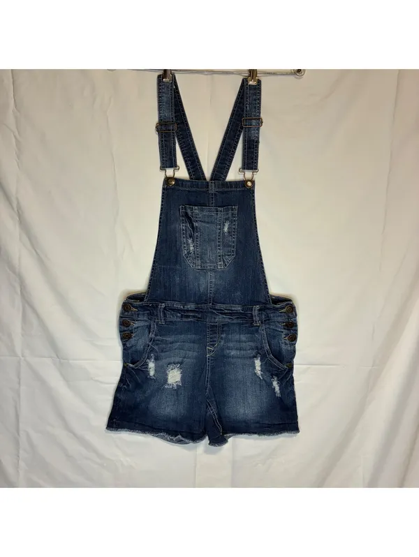 WallFlower Distressed Denim Y2K Overall Shorts Womens M Shortalls Dark Frayed - Image 7