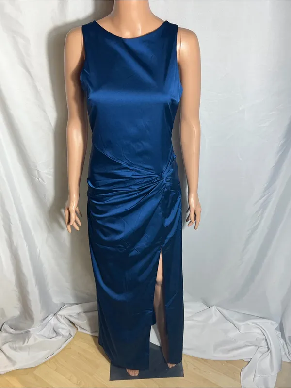 Abercrombie & Fitch Navy Satin Maxi Dress Open Back Ruched Slit Size S Tall - Image 3